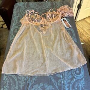 Dreamgirl 11813 Pink Champagne Babydoll & Thong NWT Sheer Lingerie Sexy Nightie